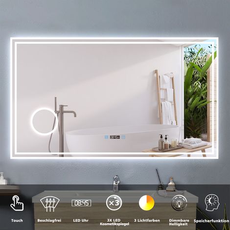 Touch Wandspiegel LED Badspiegel Lichtspiegel Spiegel Lichtspiegel Badezimmerspiegel Beschlagfrei+3 Lichtfarben Dimmbar+Uhr+3x Vergrerung Schminkspiegel+LED Memory Funktion 140 x 80 cm (1/5)