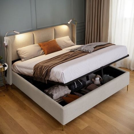Lit Double 160x200 cm - Tissu Lin/PU - Lit Coffre Hydraulique - Lampe Intégrée - Charge USB (1/5)