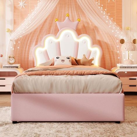 Lit princesse rembourré hydraulique 90 x 200 cm LED – PU rose, tête de lit réglable, rangement (sans matelas)
