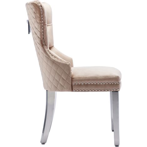 Set 2 sedie da pranzo imbottite in velluto beige con gambe in metallo e borchie MODENUIT (1/5)