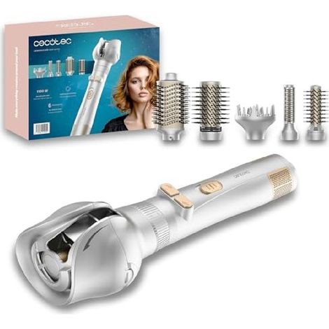 Spazzola ad aria calda da 1100W con funzione rotante che include 6 accessori: spazzole, pettine, diffusore e arricciacapelli automatico.