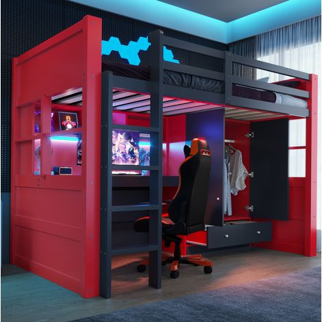 Cama alta 90x200 cm de madera negra y roja con escritorio, para habitación infantil sin colchón (1/5)