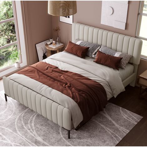 Bettgestell 140x200 cm grau-beige aus Leinen mit verstellbarem Kopfteil und Lattenrost (1/5)