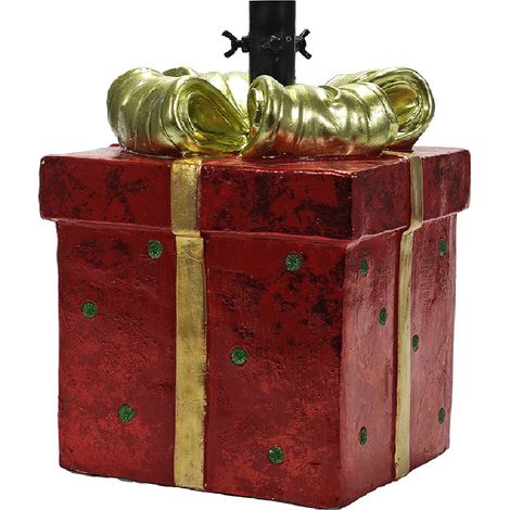 Piede per albero di natale verde o innevato forma pacco regalo rosso con fiocco oro base natalizia elegante supporto per decorazioni particolari