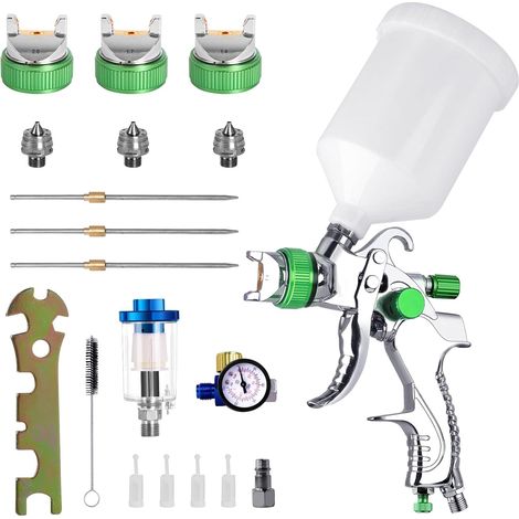 Professional HVLP Gravity Feed Paint Spray Gun with 3 Nozzles (1.4mm, 1.7mm, 2.0mm) and 600cc Gravity Cup – HVLP Furniture & Car Small Repair Spray Gun (Green) (1/5)