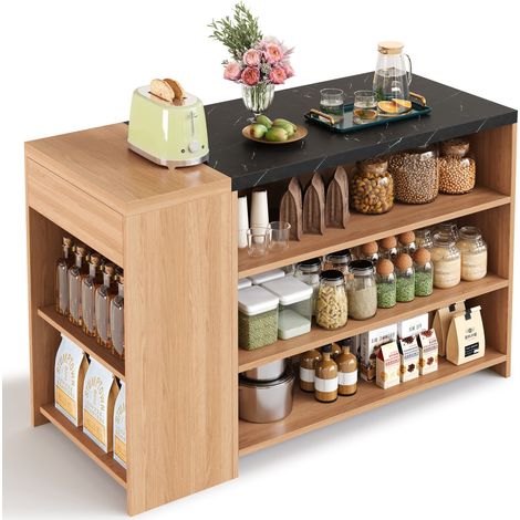 Îlot central de cuisine table de bar avec 5 niveaux de rangement et tiroir, chêne et effet marbre noir, 140x60x90 cm