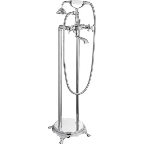 Freistehende Badewannenarmatur aus Chrom mit zwei Querstrahlbrausen, knopfförmigem Design und hochwertiger Badarmatur