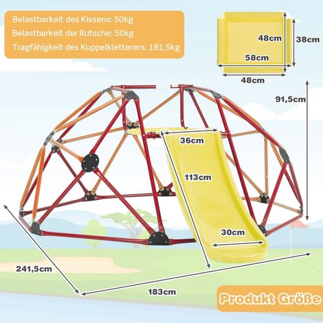 Cupola da arrampicata per bambini con scivolo, capacità 180 kg, arancione/rosso