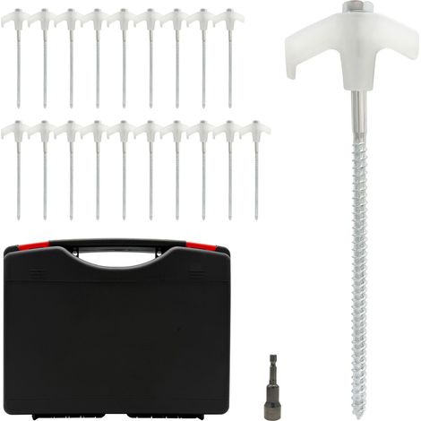 Relaxdays screw pegs, 20pc, steel tent pegs, in case, 20 cm, high-visibility, ground anchors, outdoor, white (1/5)
