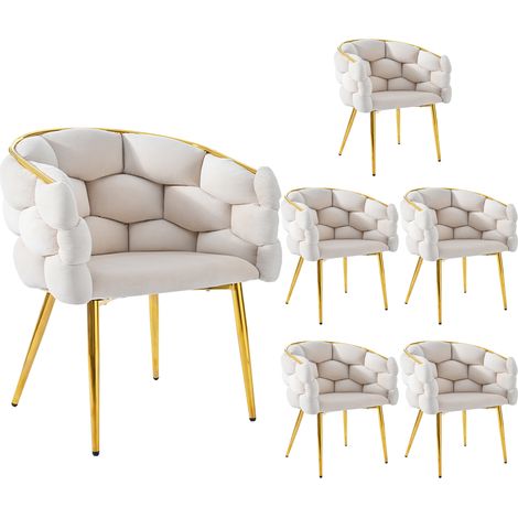Lot de 6 fauteuils de luxe en velours,pour salon,salle à manger et maquillage,moderne,pieds fer doré,beige,ergonomiques,style bulle.