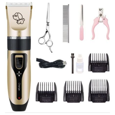 QORVA-Tondeuse de Toilettage pour Chien Animal de Compagnie Noir Or Faible Bruit Kit de Rasoir Electrique Professionnel Cheveux 4 Peignes Couteau Fixe en Titane Prévient Allergies de la Peau (1/5)