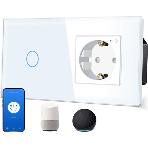 Schuko, interrupteur intelligent 1 compartiment 1 voie avec prise WiFi, 1 compartiment, 16 A, contrôle par application, cadre en verre, 86 x 157 mm, blanc, (1/5)