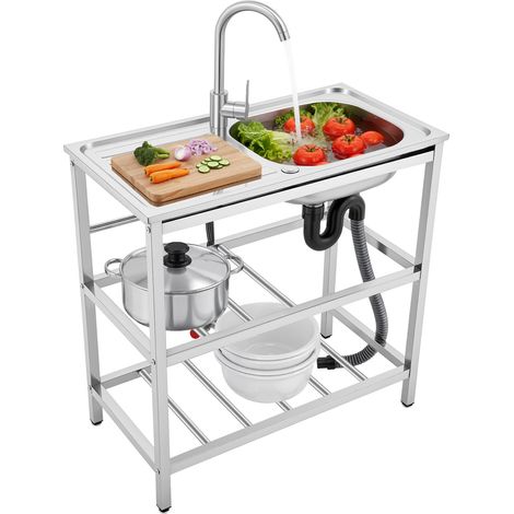 Évier Inox Professionnel - 1 Bac avec Banc de Travail, 75 x 40 x 78 cm, Robinet Inclus, Autoportant, Pour Cuisine, Restaurant, Garage, Jardin (1/5)