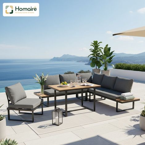 HOMAIRE Ensemble de jardin en coin avec table et chaises, inclinable 5 positions jusqu'à 55°, cadre en acier galvanisé et plateau en bois synthétique, gris et noir