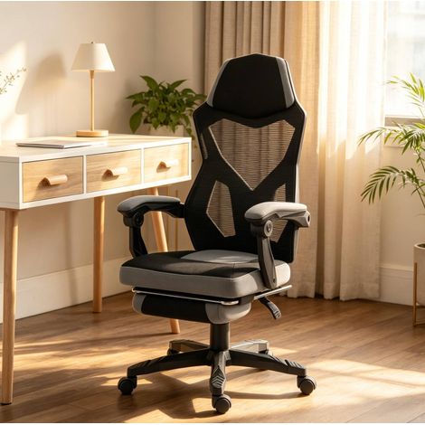 Silla de oficina gaming ergonómica, respaldo alto, altura ajustable, negro y gris OKMYHOME (1/5)
