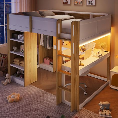 Lit mezzanine 140x200 cm avec bureau en L, armoire, étagères à 4 niveaux et espaces de rangement, avec bureau intégré - Blanc et Naturel (1/5)