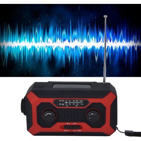 Radio solaire à manivelle, batterie externe portable, lampe torche, lampe d'alarme, radio d'urgence rechargeable à manivelle, modèle européen rouge. (1/5)