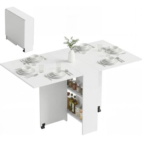 Table à manger pliante avec roues, ailes pliantes et étagères pour 4 à 6 personnes, 75x140x74 cm, blanc (1/5)