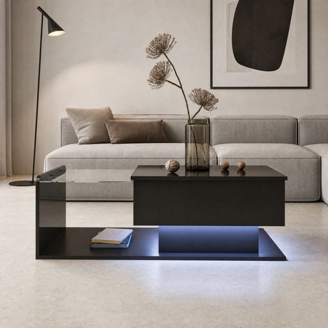 Höhenverstellbarer Couchtisch mit Glasplatte, LED und Stauraum, schwarz HAVRYA (1/5)