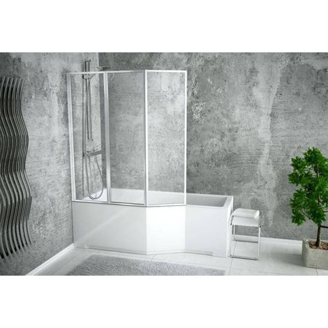 Azura Home Design – Baignoire asymétrique INTEGRA 150/170 cm x 75 cm – Pare-baignoire pliable 3 volets – Acrylique renforcé – Confort ergonomique