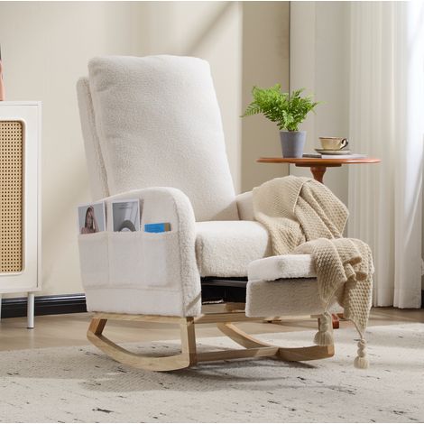 Fauteuil à bascule d’allaitement blanc en tissu peluche avec repose-pieds coulissant - CHICFURN (1/5)
