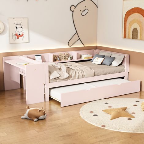 Letto singolo 90x200 cm rosa in pino e MDF con letto estraibile, scrivania e ripiani (1/5)