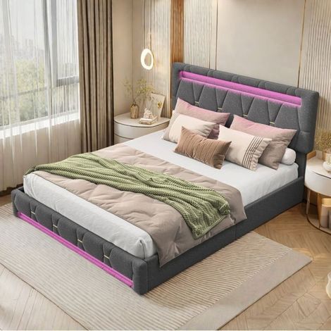 Doppelbett 140x200 cm - TANANT - Mit LED - 4 Schubladen - Leinenstoff - Höhenverstellbar (1/5)
