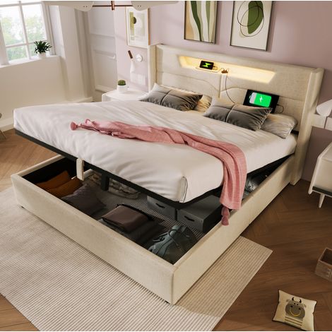 Letto 140x200 contenitore LED USB con rete beige HAVRYA (1/5)