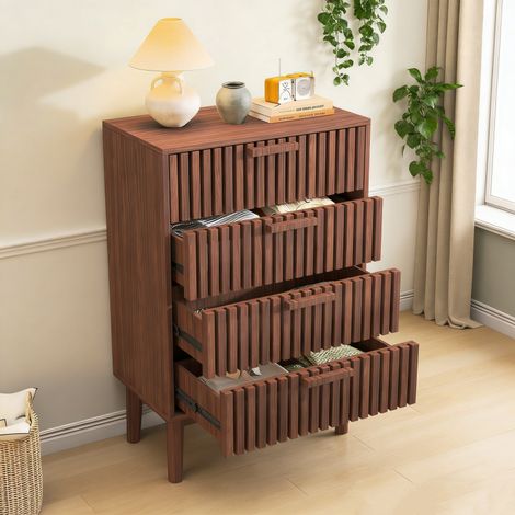 Commode Moderne, Commode en Bois et Rotin 4 Tiroirs, Commode avec poignée en Bois et Pieds de Support, Motif de Ligne, Marron (1/5)