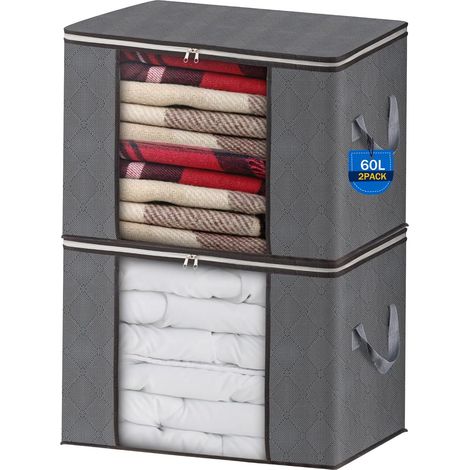 AIOR 2Pcs 60L Sac de Rangement Vetement Pliable avec FenêTre Transparente, Non-tissé Grande Boite Rangement Vetement pour Couettes, Couvertures Jouets VêTements, 55x35x32cm (1/5)