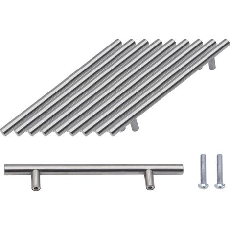Poignée de Barre en T, Paquet de 10 Poignées de Porte D'armoire Brossées Matériel Acier Inoxydable pour Armoires de Cuisine Poignée de Tirage Centres de Trous 128 mm Argent