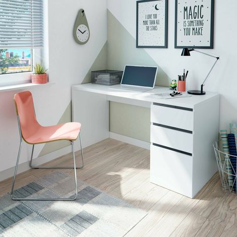 Dmora - Escritorio Dmallam, Escritorio reversible con 3 cajones, Mesa de oficina multiposiciones para ahorrar espacio, 138x60h74 cm, Blanco (1/5)