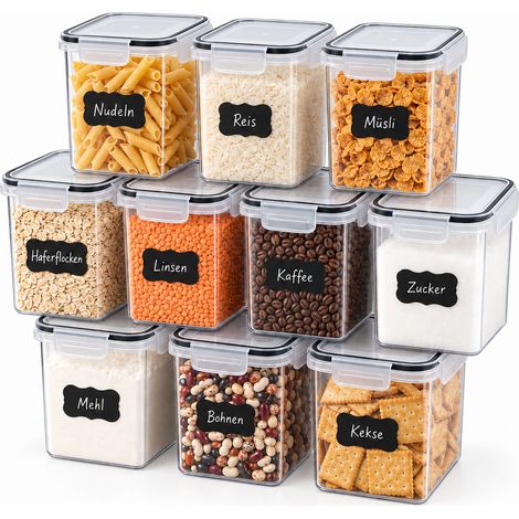 Relaxdays Food Storage Containers, 10-Piece Set, 1.6 l, Airtight Lids, Click-Lock, Labels, Transparent (1/5)