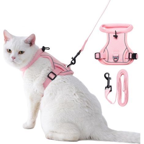 Ausbruchsicheres Katzengeschirr mit verstellbarer Leine (L), atmungsaktives, reflektierendes Netzgewebe für ausgewachsene Katzen und Kätzchen, ideal für Spaziergänge. (1/5)