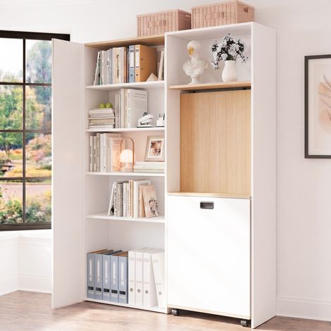 Bureau d'angle pliable blanc avec étagères réglables – Meuble 2-en-1 bureau et bibliothèque, prise intégrée et port USB, stabilisateur anti-chute, table de travail gauche compacte. (1/5)