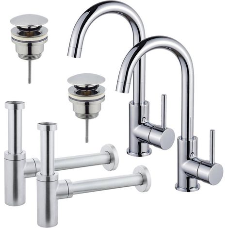 FugaFlow Eccelente Sobrado Kit robinet lavabo - pour double vasque - robinet haut - bec rotatif - bonde clic clac - siphon design - Chrome brillant (1/4)