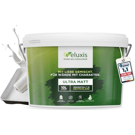 Wandfarbe Weiß Matt Innenfarbe – Deckkraft Klasse 1, VOC-frei, Ohne Grundierung, Tropfarm – Wohnzimmer & Schlafzimmer – 10L – Veluxis (Pure White)