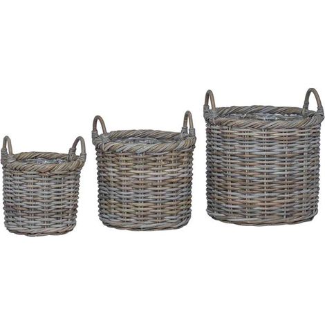 Paniers à plantes avec rangement intégré, ensemble de 3 pièces, rotin Kubu gris