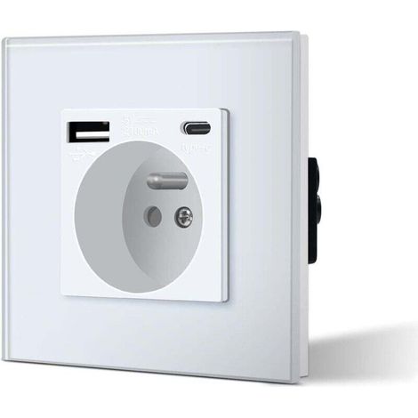 Prise Murale avec USB et Type C, Prise de courant en Verre avec USB 2.1A courant 16 Amp 240V 86mm,Convient au Smartphone, à la Tablette (Blanc) (1/4)