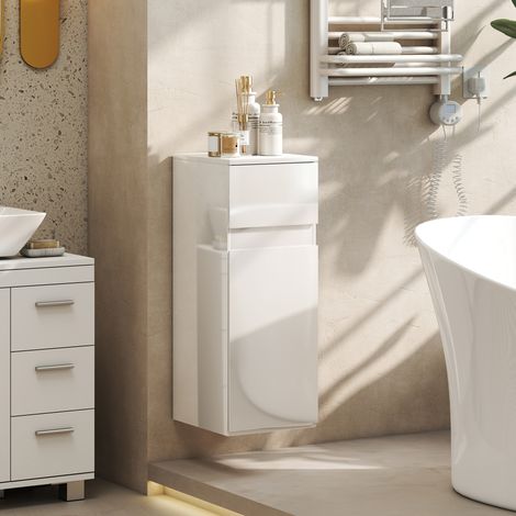 Meuble de salle de bains suspendu avec tiroir, porte brillante et étagère en verre réglable, blanc (1/5)