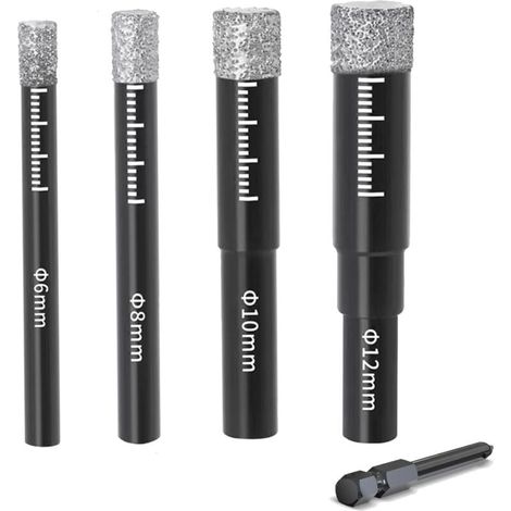 Lot de 4 forets diamantés pour carrelage 6/8/10/12 mm - Foret en carbure de tungstène pour céramique, granit, verre, porcelaine, carrelage, carrelage dur, grès cérame, marbre, avec poignée hexagonale (1/4)