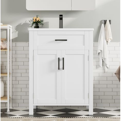 Meuble vasque sur pied 60 x 46 x 84,8 cm en MDF et céramique, blanc, avec tiroir (1/5)