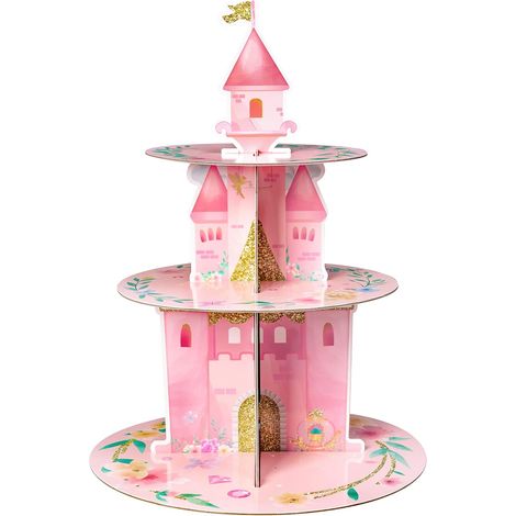Présentoir à cupcakes JeiibrZui rose aquarelle - Tour à desserts princesse à 3 étages en carton - 1 ensemble avec décoration pour gâteau - Rose pour les fêtes d'anniversaire et les baby showers (1/5)