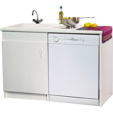 Meuble sous-évier 120cm – Mélaminé blanc 1 porte – Charnières invisibles à rappel automatique – Vérins métalliques pour mise à niveau – Nova