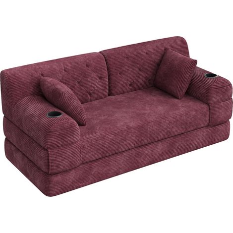 Divano Letto 2 Posti con Schienale Alto, 4 Tasche e 2 Portabicchieri, Corduroy Rosso ღვино 168 × 80 × 81 cm (1/5)