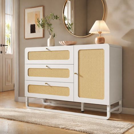 MEUBLIV Commode blanche 120x40x85 cm avec 3 tiroirs, 1 porte et étagère réglable (1/5)