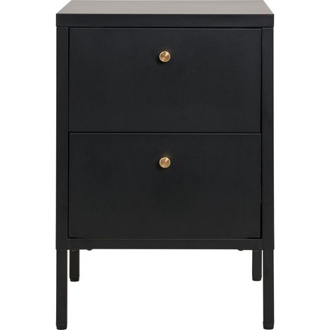Comodino Dalby a 2 cassetti in acciaio nero con pomelli ottone 40×40×60 cm
