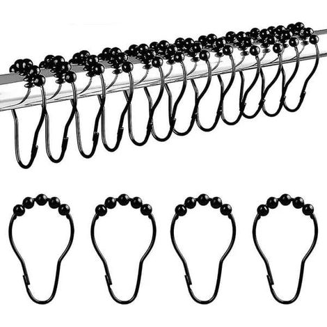 Anneaux de rideau de douche en acier inoxydable chromé avec boules de glissement, noirs, lot de 12, compatibles avec les barres en O jusqu'à 1 1/8 pouces. (1/5)