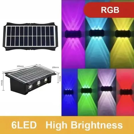 (1PC-6LED-RGB) Applique murale solaire à éclairage indirect (vers le haut et vers le bas), haute luminosité, dégradé de couleurs RGB, décoration de jardin. (1/5)