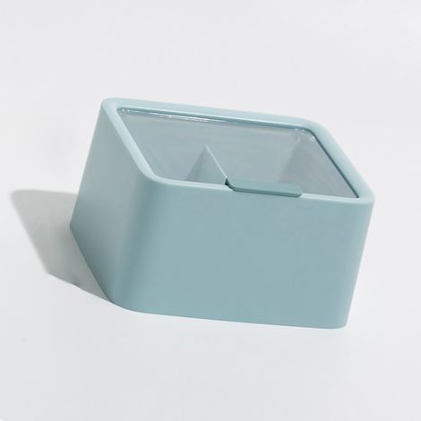 Transparente Aufbewahrungsbox mit Deckel für Wattestäbchen und Lippenstifte, zwei Fächer, skandinavischer Stil, blau, fürs Büro (1/3)